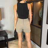 Beige and Black Sleeveless 2-in-1 Jumpsuit with Elegant Details