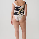 Yumi U-Wire Plunge Swimsuit - Floral Print on Ivory Background