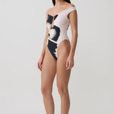 Yumi U-Wire Plunge Swimsuit - Floral Print on Ivory Background