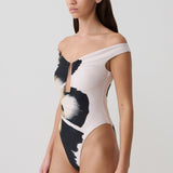 Yumi U-Wire Plunge Swimsuit - Floral Print on Ivory Background