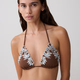 Bloom Trojúhelníkový Bikini - Čokoládová s Modrou Výšivkou