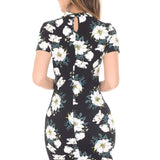 Černé Mini Šaty Bodycon s Květinovými Akcenty