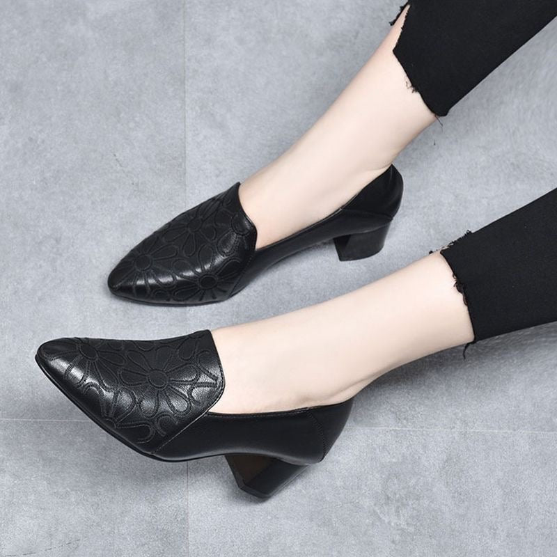 Olene - Vegan Leather Heels with Delicate Embroidery