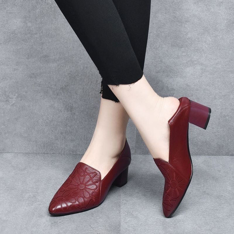 Olene - Vegan Leather Heels with Delicate Embroidery