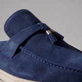 Muži semišové mokasíny s kovovou sponou, otevřená pata, casual styl
